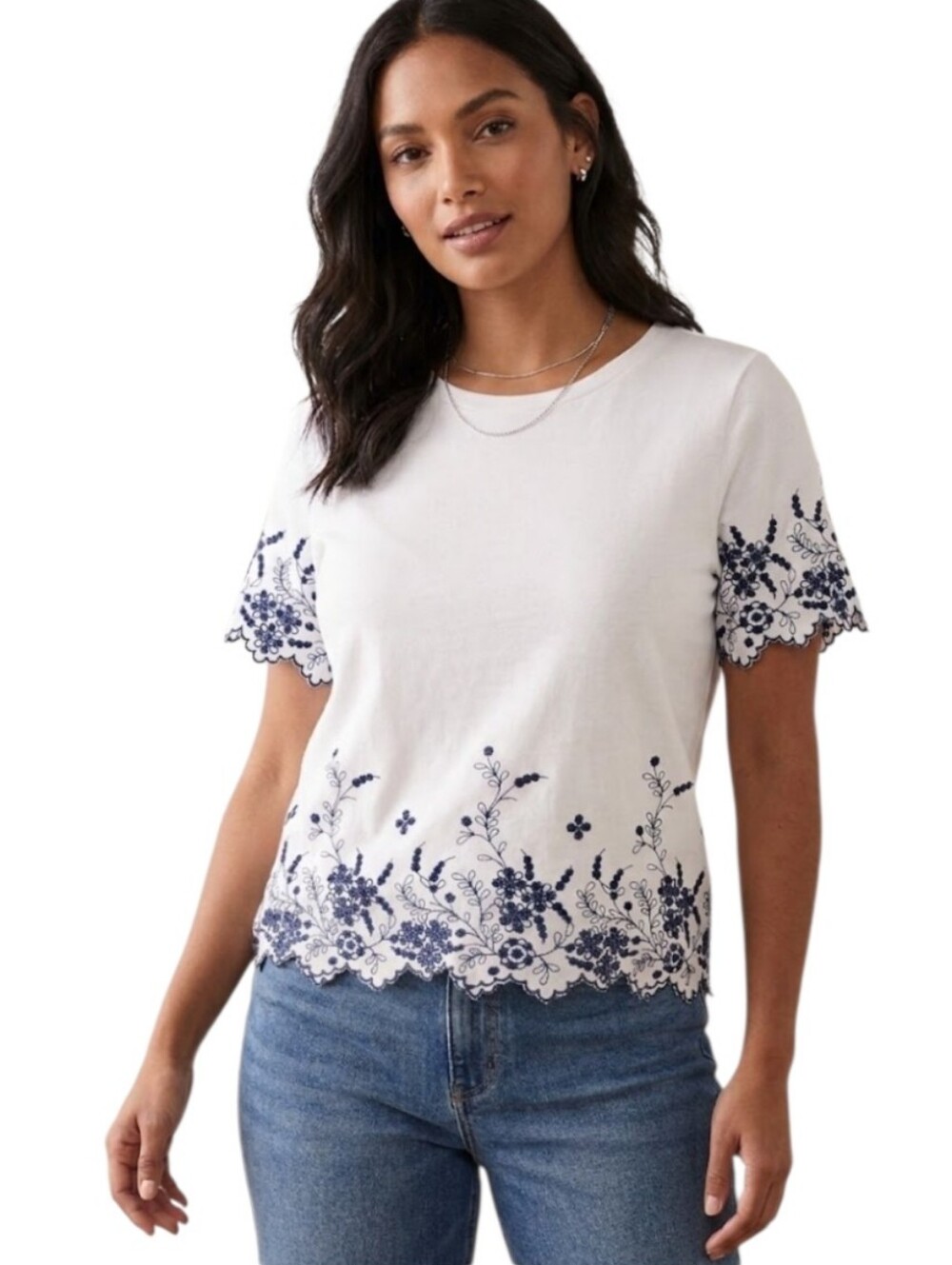 OVS White Tee with Navy Floral Eyelet Embroidery Size Medium
